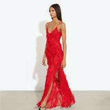 Red maxi dress with spaghetti straps, deep V-neckline, ruffled texture detail, and thigh-high slit — Rat & Boa | Endless UAE