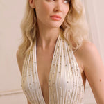 Sitara Pearl Dress in ivory with pleated details and deep V-neckline — Copurs | Endless UAE