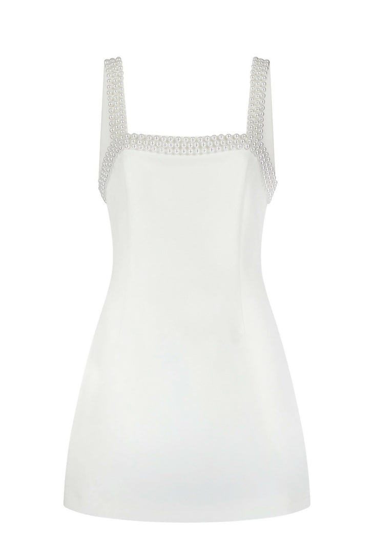 White mini dress with pearl embellished straps and square neckline — Odd Muse | Endless UAE