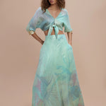 Mint green tie-front crop shirt and printed maxi skirt set — Sana Osmani | Endless UAE
