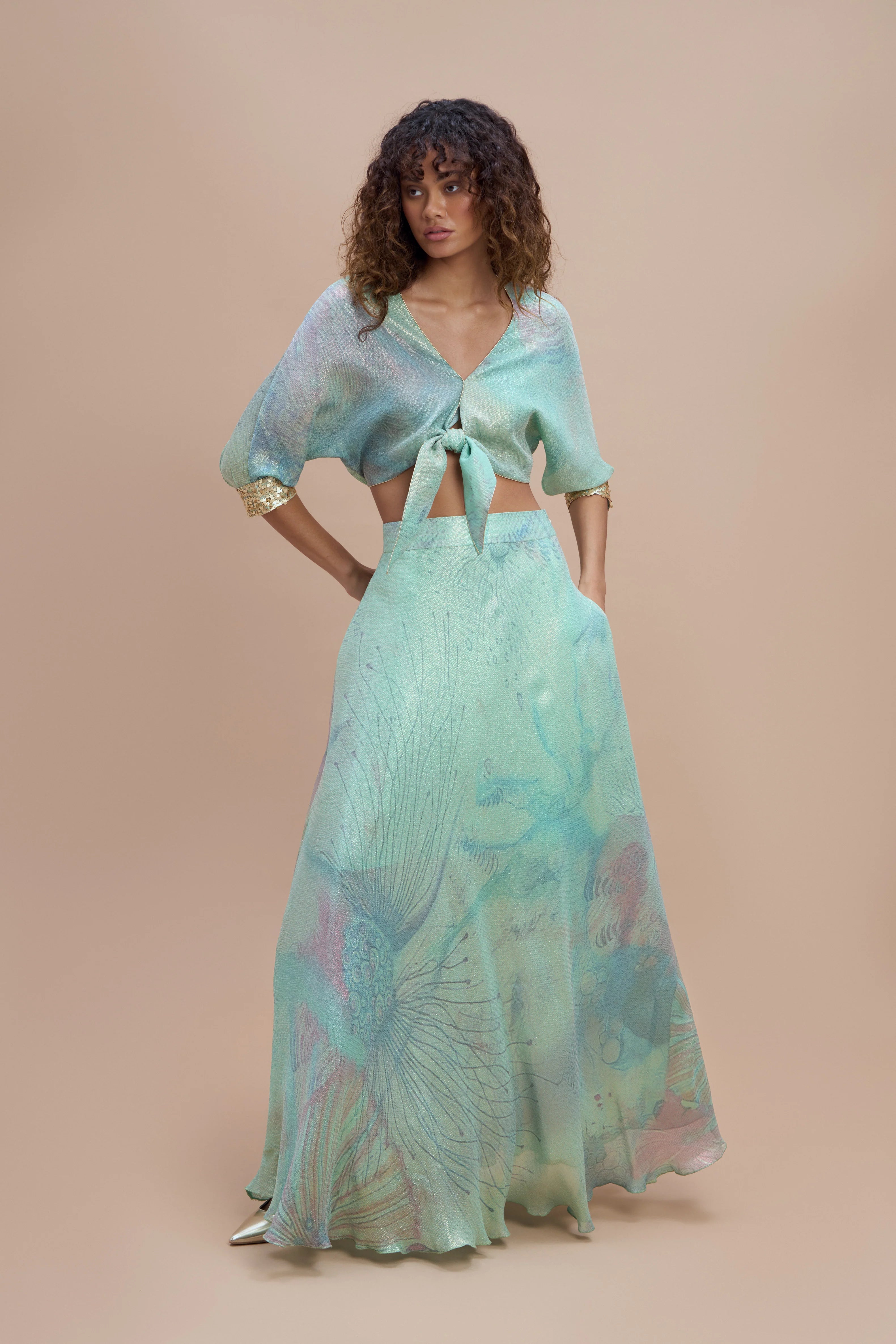 Mint green tie-front crop shirt and printed maxi skirt set — Sana Osmani | Endless UAE