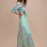 Mint green tie-front crop shirt and printed maxi skirt set — Sana Osmani | Endless UAE