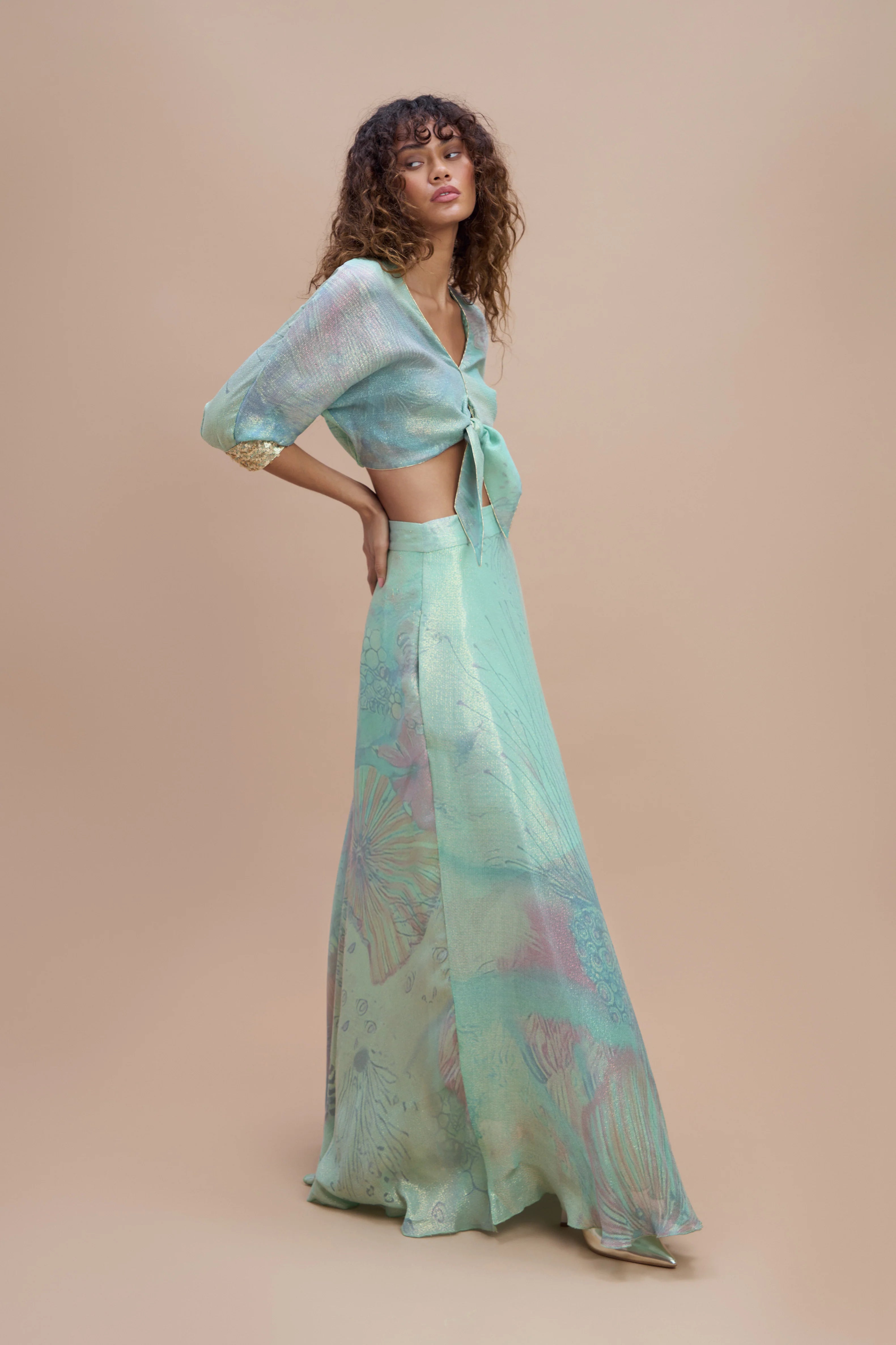 Mint green tie-front crop shirt and printed maxi skirt set — Sana Osmani | Endless UAE