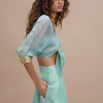 Mint green tie-front crop shirt and printed maxi skirt set — Sana Osmani | Endless UAE