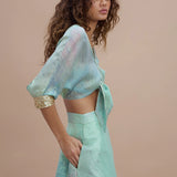 Mint green tie-front crop shirt and printed maxi skirt set — Sana Osmani | Endless UAE