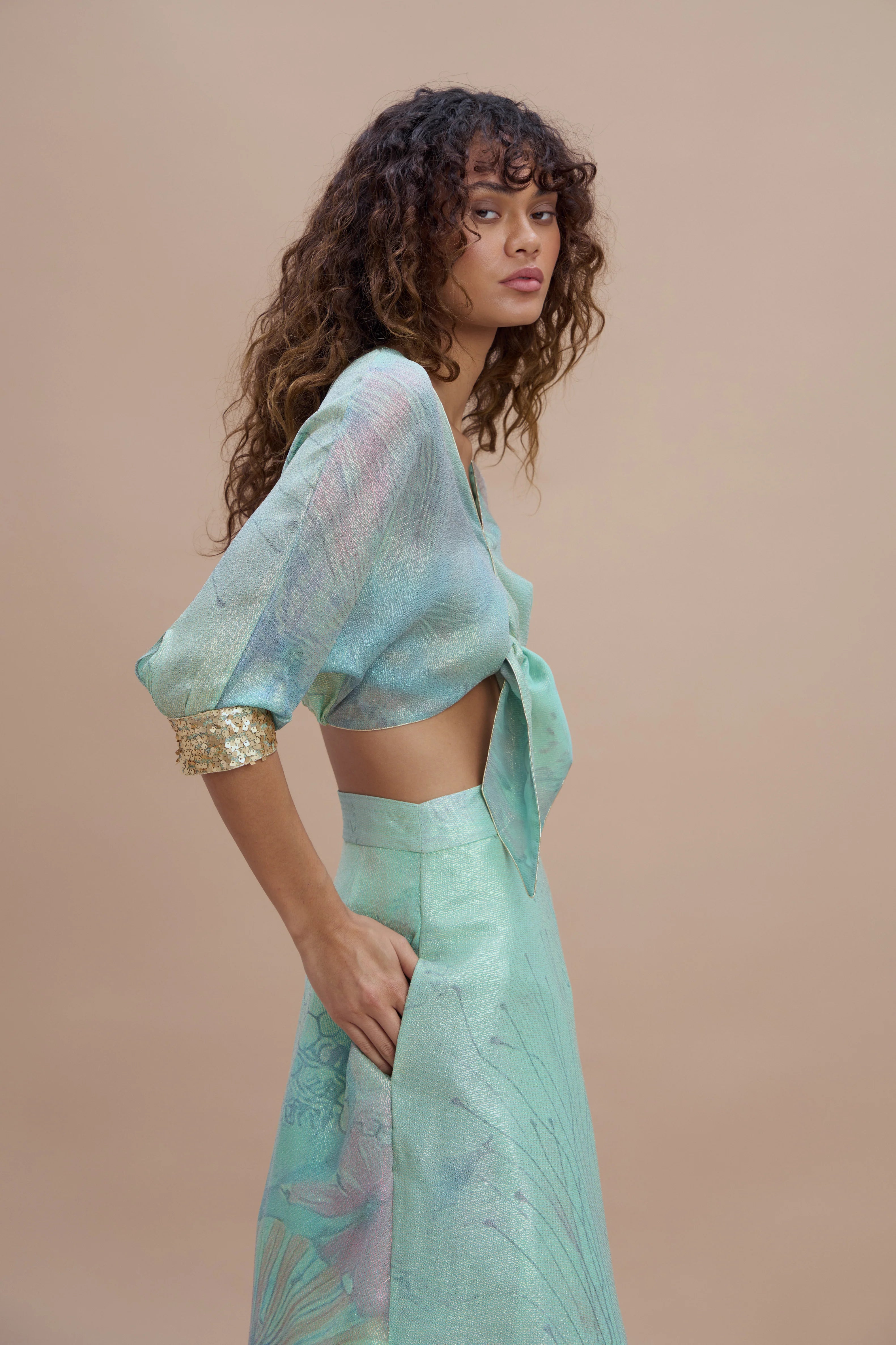 Mint green tie-front crop shirt and printed maxi skirt set — Sana Osmani | Endless UAE