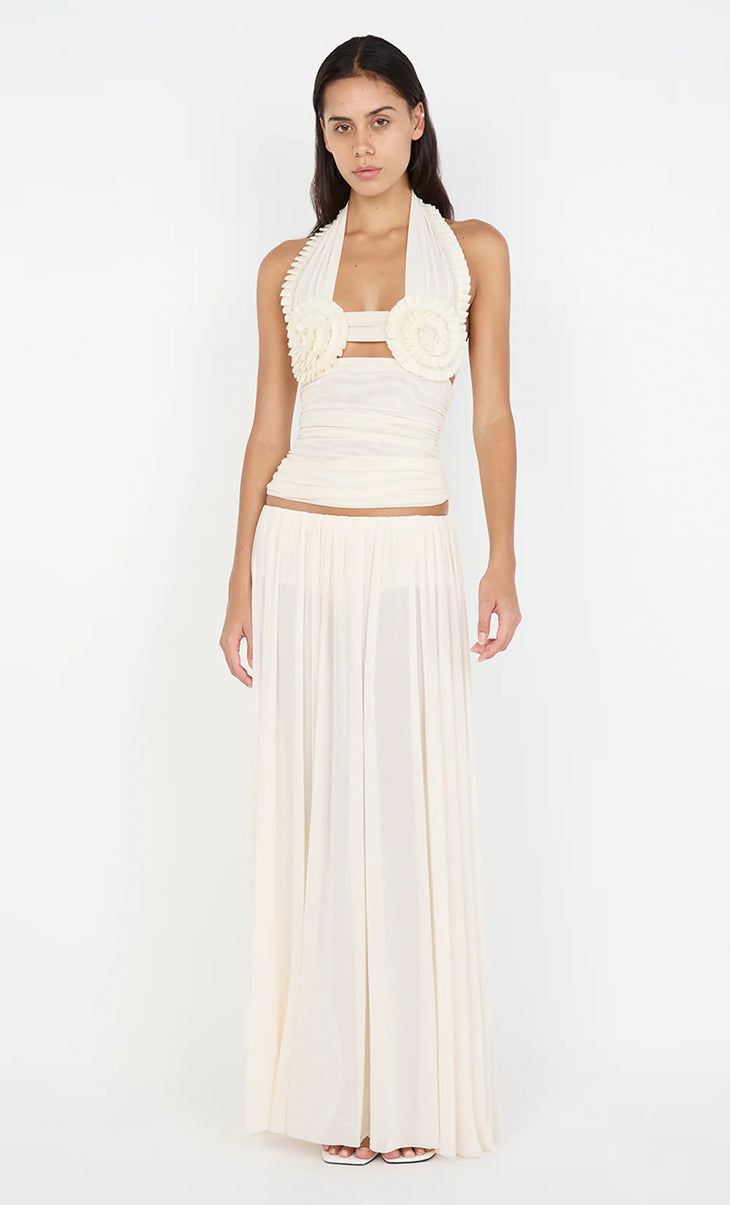 Elegant cream halter top with rosette detail and matching pleated maxi skirt co-ord set — Bec + Bridge | Endless UAE