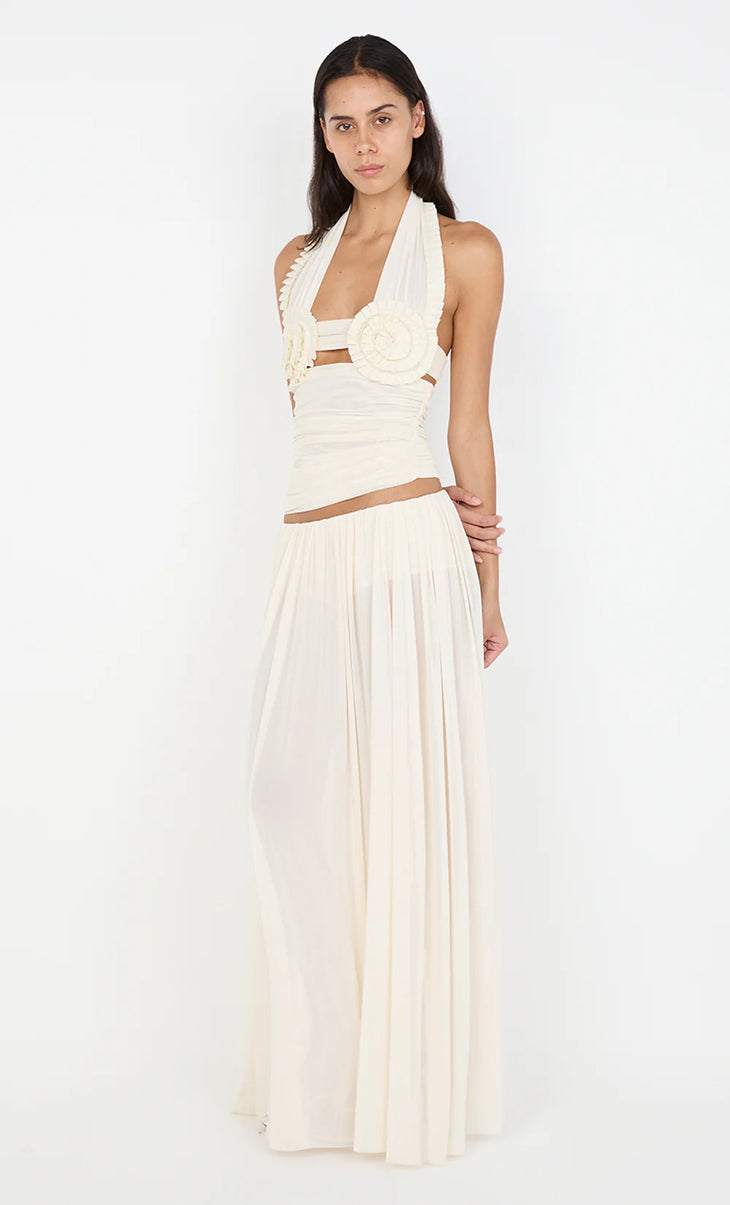 Elegant cream halter top and maxi skirt co-ord set with cutout details and pleated fabric — Bec + Bridge | Endless UAE