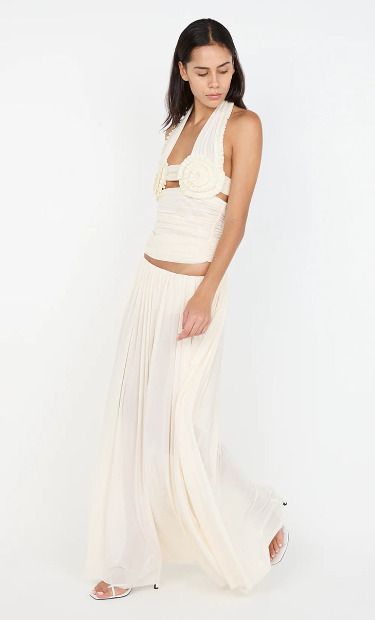 Cream halter co-ord set with rosette detail and ruched crop top paired with flowing wide-leg pants — Bec + Bridge | Endless UAE