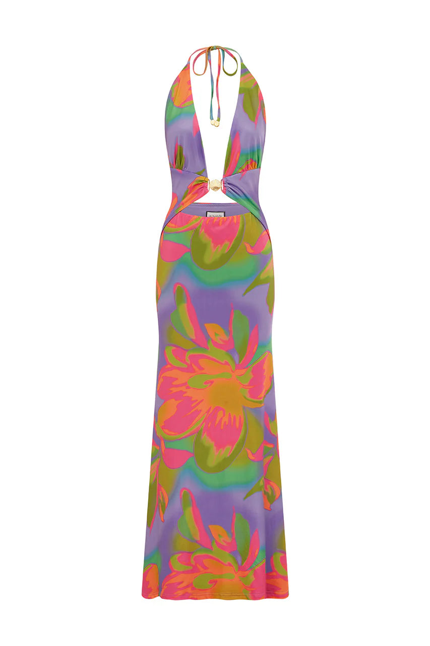 Colorful floral halter maxi dress with vibrant pink, purple, and green print — Runaway The Label | Endless UAE