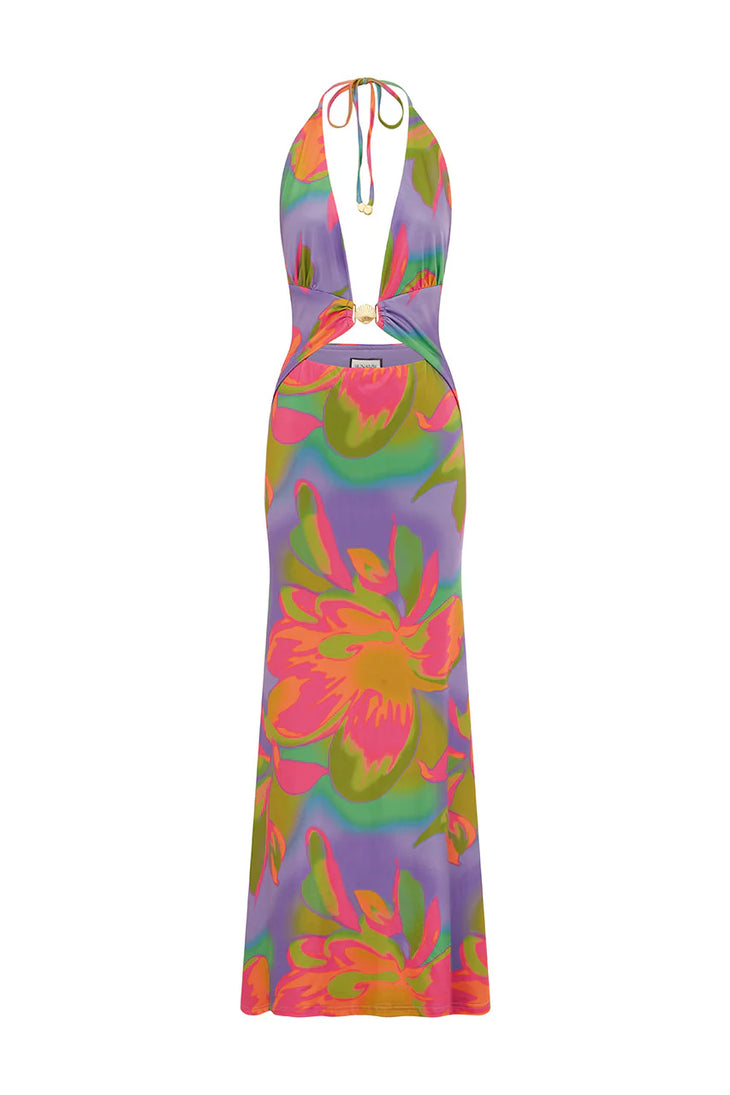 Colorful floral halter maxi dress with vibrant pink, purple, and green print — Runaway The Label | Endless UAE