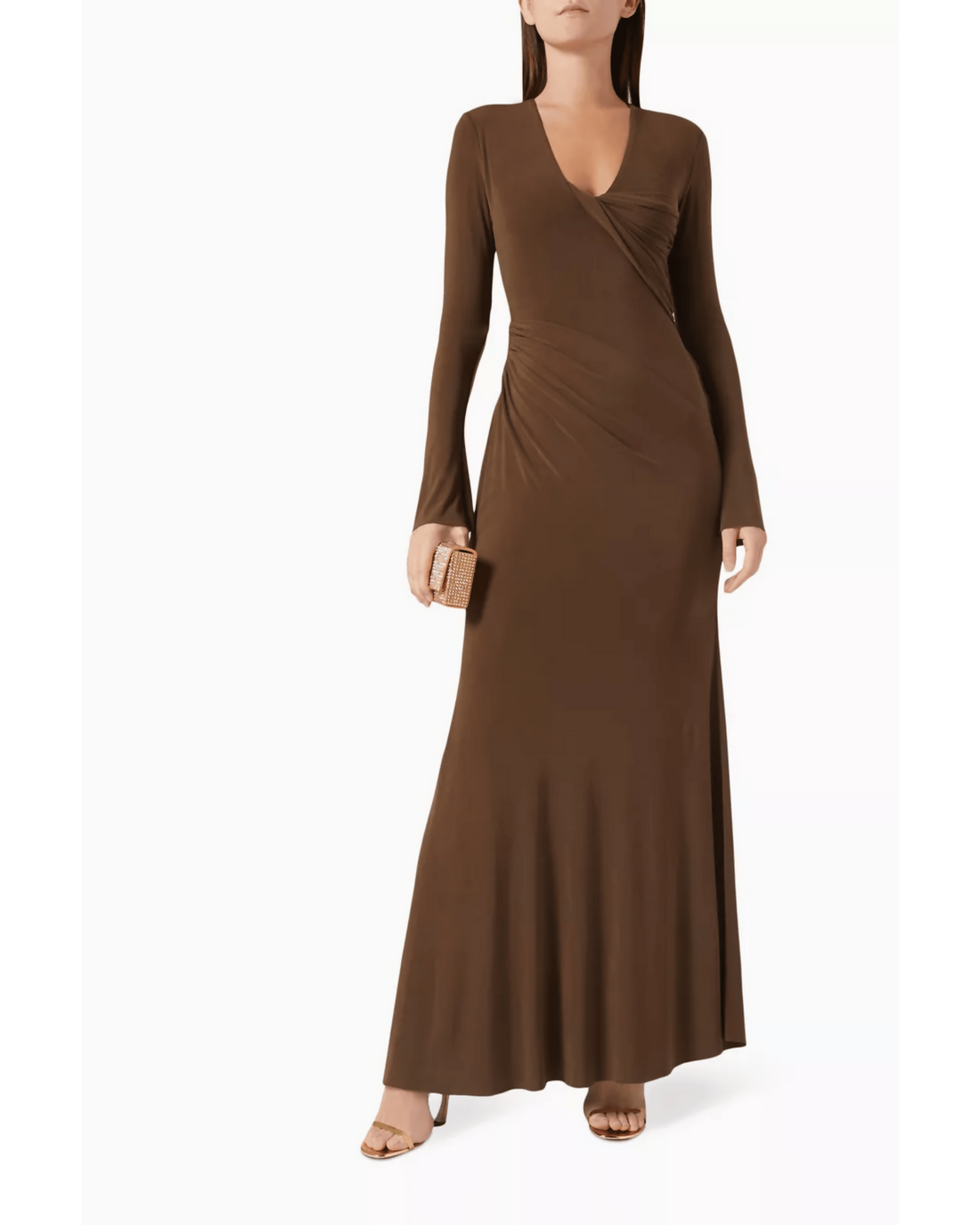 Brown long-sleeve maxi dress with V-neck and ruched waist detail, worn with strappy heels — Chats By C.Dam | Endless UAE