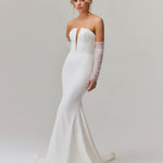Elegant strapless mermaid wedding dress with plunging neckline and sheer tulle sleeves — You&I Bridal | Endless UAE