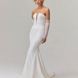 Elegant strapless mermaid wedding dress with plunging neckline and sheer tulle sleeves — You&I Bridal | Endless UAE