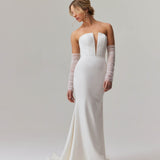Elegant strapless mermaid wedding dress with plunging neckline and sheer tulle sleeves — You&I Bridal | Endless UAE