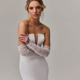 Elegant strapless mermaid wedding dress with plunging neckline and sheer tulle sleeves — You&I Bridal | Endless UAE