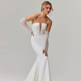 Elegant strapless mermaid wedding dress with plunging neckline and sheer tulle sleeves — You&I Bridal | Endless UAE