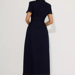 Woman wearing navy cotton denim collared midi dress with short sleeves — Endless | Endless UAE