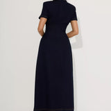 Woman wearing navy cotton denim collared midi dress with short sleeves — Endless | Endless UAE