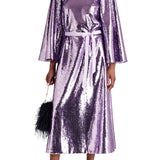 Purple sequin long sleeve midi dress with belted waist — Huishan Zhang | Endless UAE
