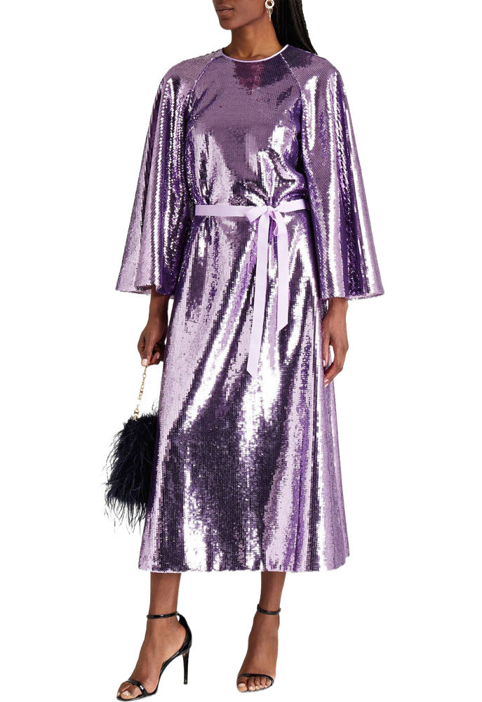 Purple sequin long sleeve midi dress with belted waist — Huishan Zhang | Endless UAE
