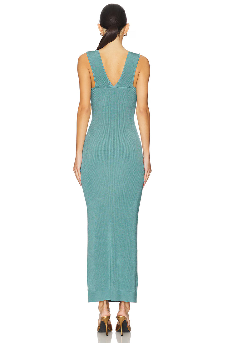 Woman wearing teal ribbed sleeveless maxi dress with V-neckline — Hervé Léger | Endless UAE