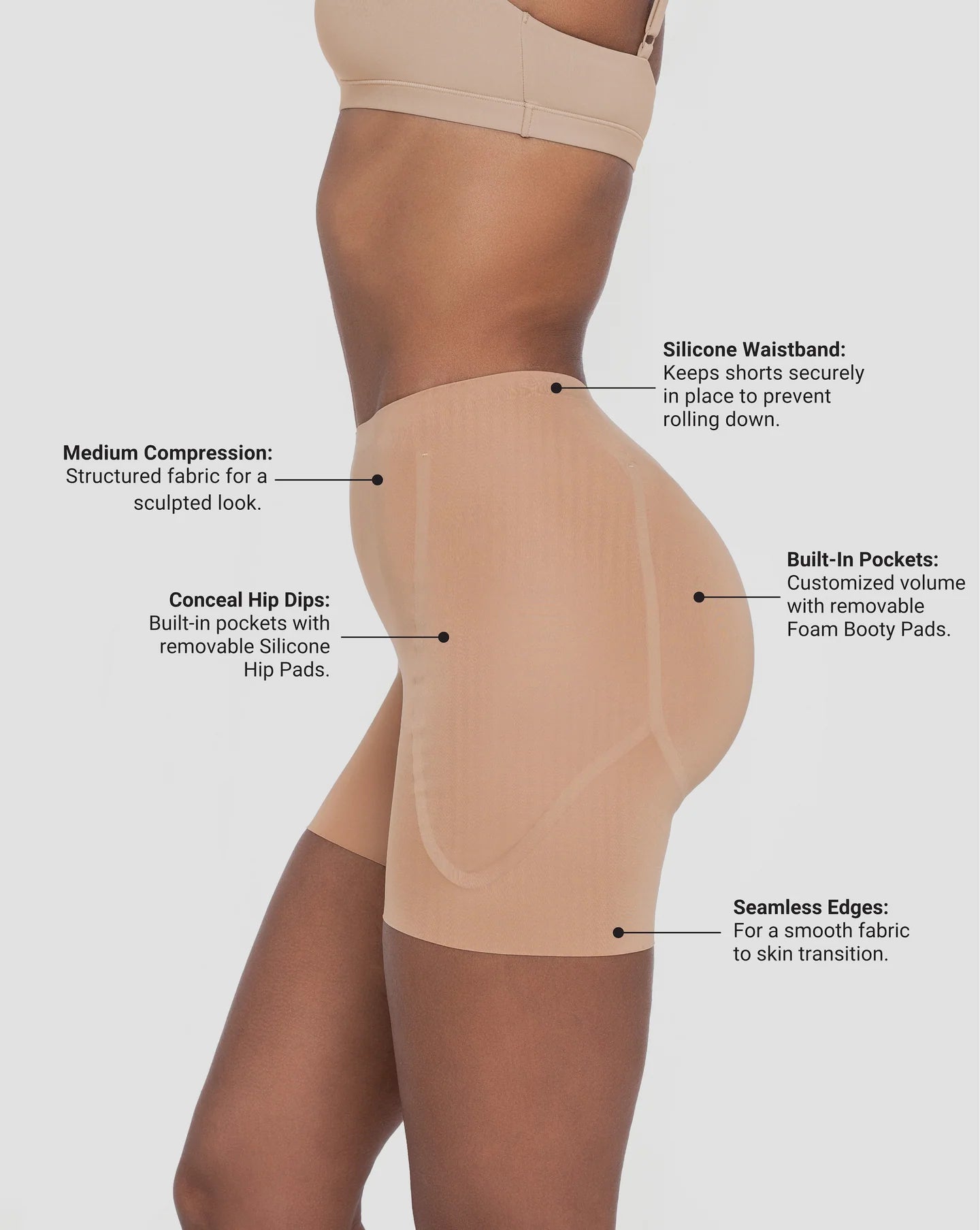 Beige hip and booty boosting shorts with silicone waistband and removable foam pads — Underhance | Endless UAE