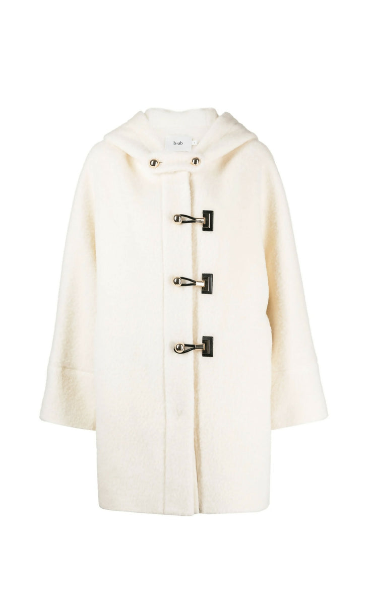 White hooded wool-blend coat with toggle closures and oversized silhouette by B+ab — B+ab | Endless UAE