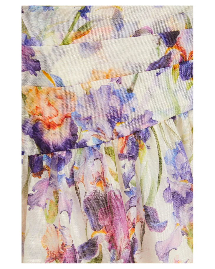 Pleated floral-print linen silk-blend mini dress in cream with purple and orange flowers — Zimmermann | Endless UAE