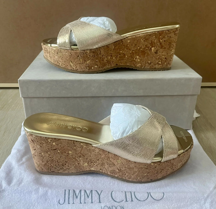 Gold textured leather platform slide sandal with cork wedge heel — Jimmy Choo | Endless UAE