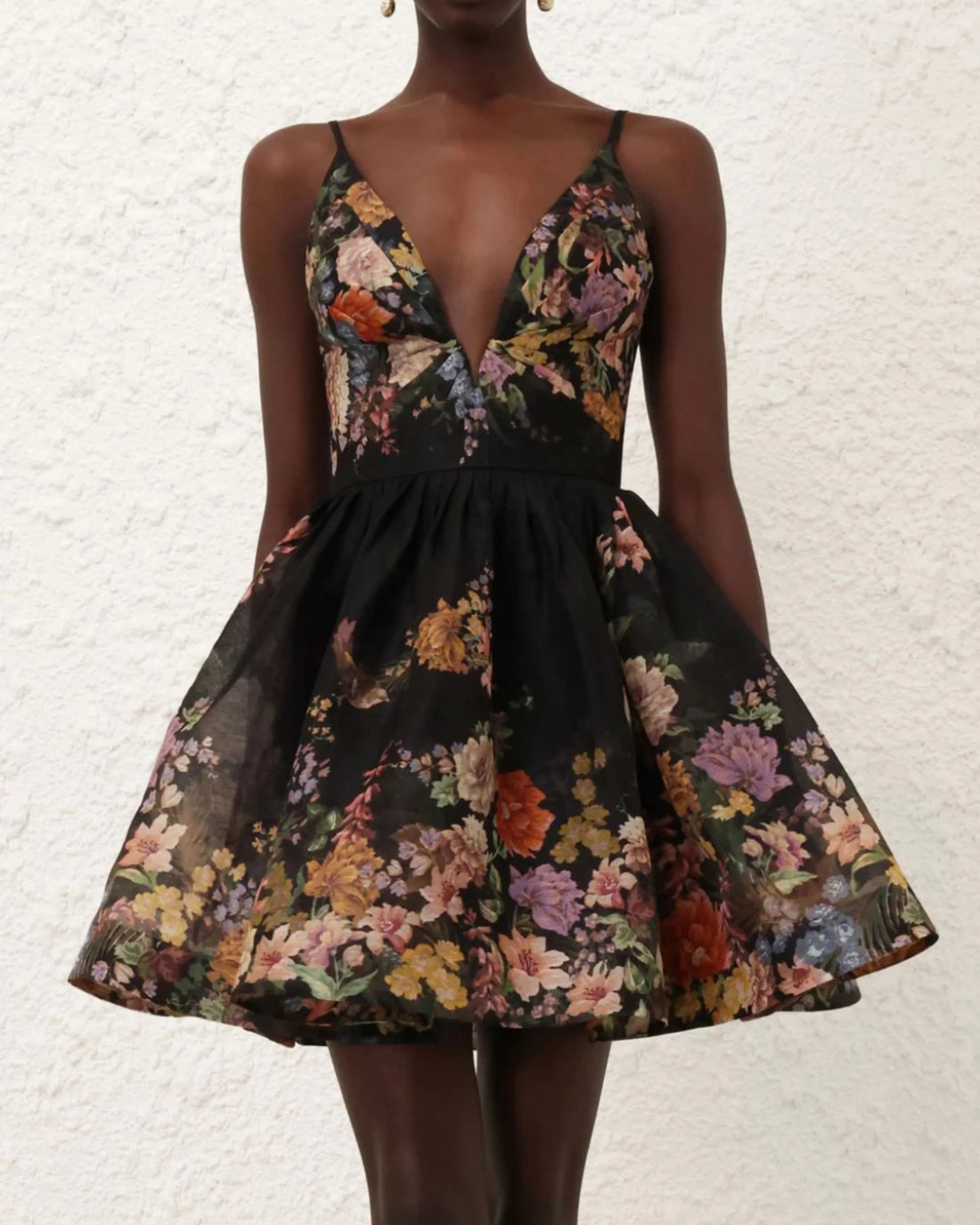 Black floral mini dress with V-neckline and full skirt — Zimmermann | Endless UAE