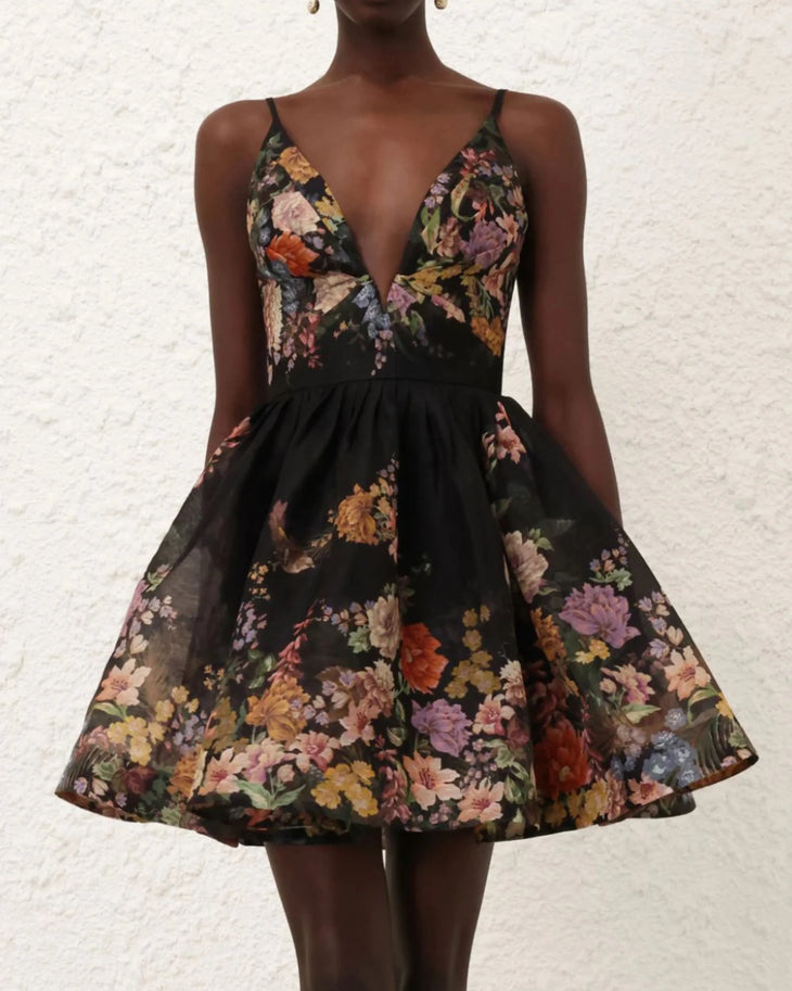 Black floral mini dress with V-neckline and full skirt — Zimmermann | Endless UAE