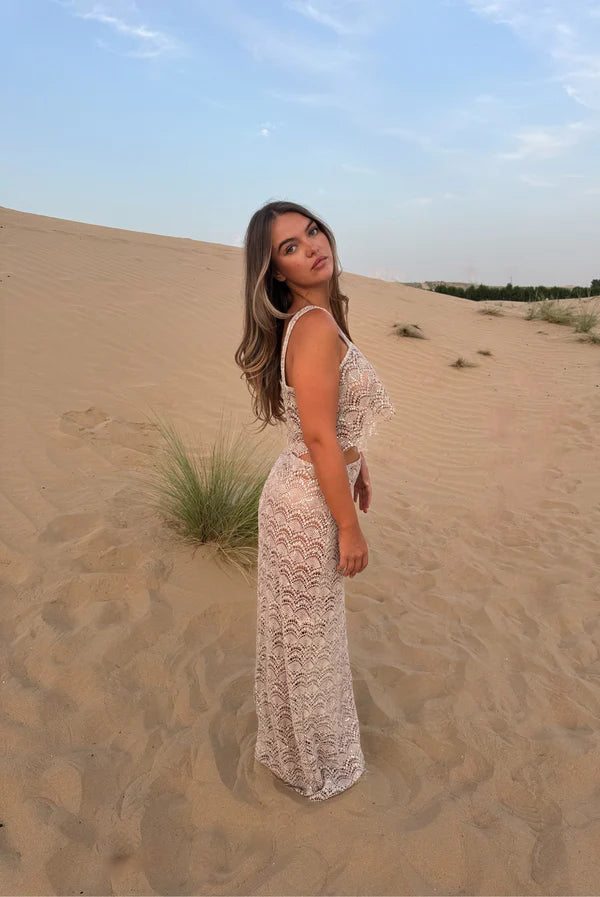 Lecia Co-ord Set in cream lace, featuring matching crop top and maxi skirt — Deme Studio | Endless UAE