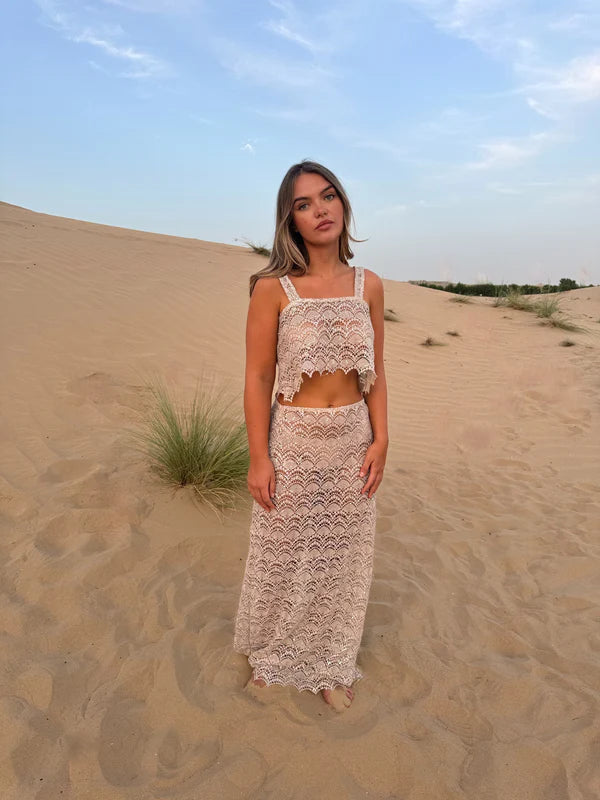 Lecia Co-ord Set in cream lace, featuring matching crop top and maxi skirt — Deme Studio | Endless UAE