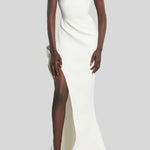 White cap-sleeve floor-length gown with high slit and draped neckline — Maticevski | Endless UAE
