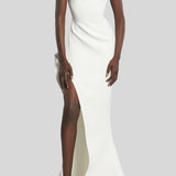 White cap-sleeve floor-length gown with high slit and draped neckline — Maticevski | Endless UAE