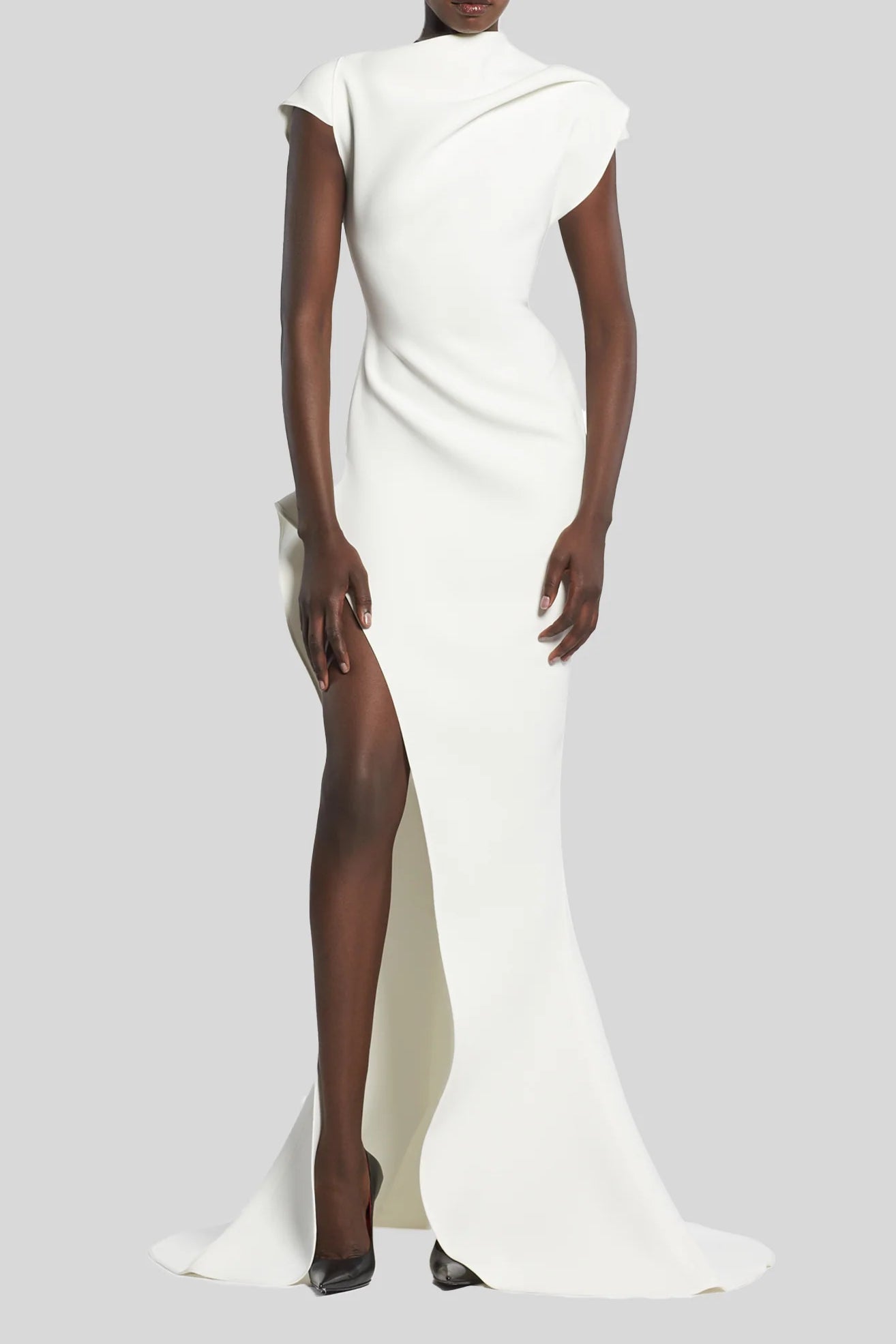 White cap-sleeve floor-length gown with high slit and draped neckline — Maticevski | Endless UAE