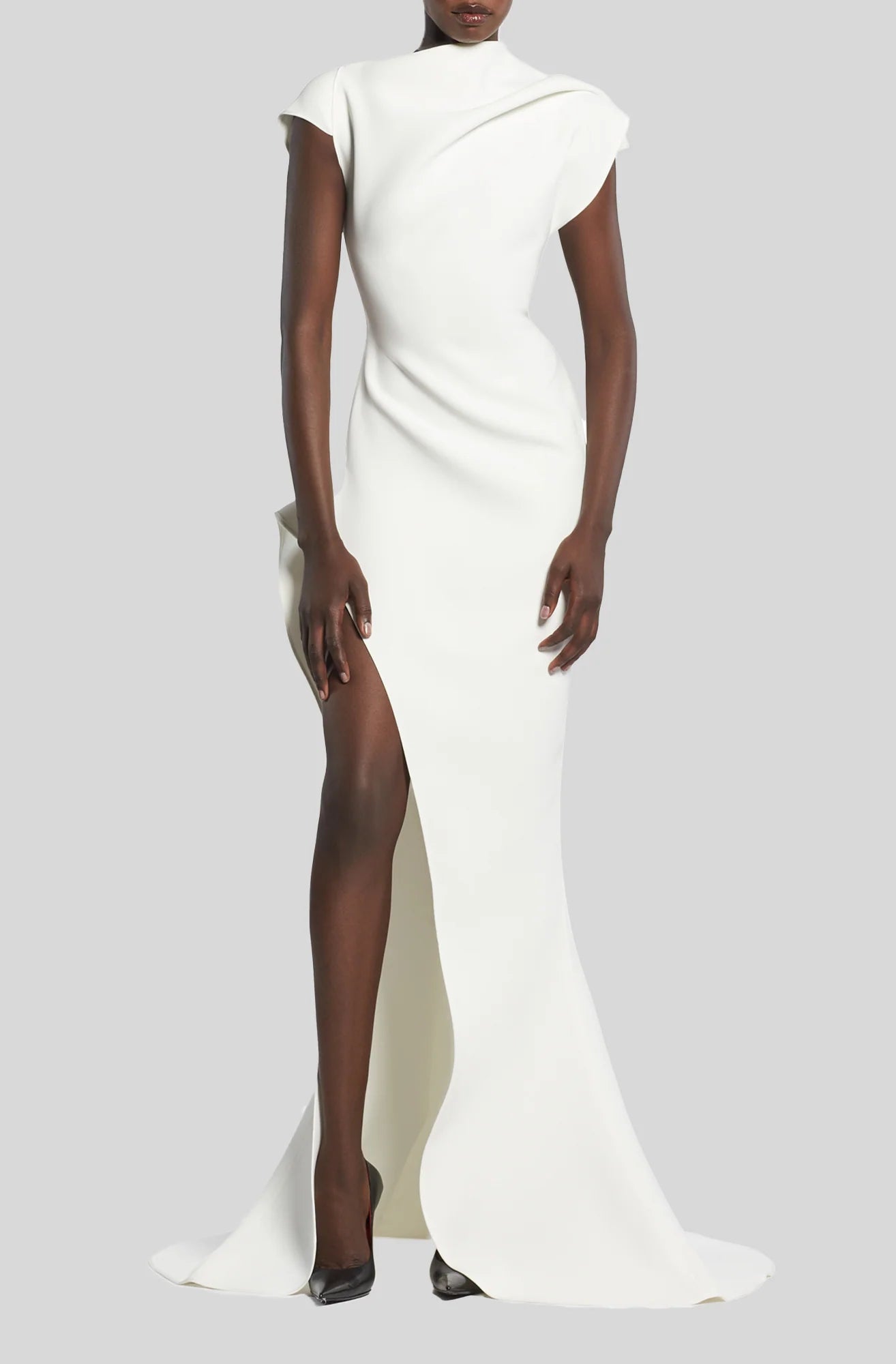White cap-sleeve floor-length gown with high slit and draped neckline — Maticevski | Endless UAE