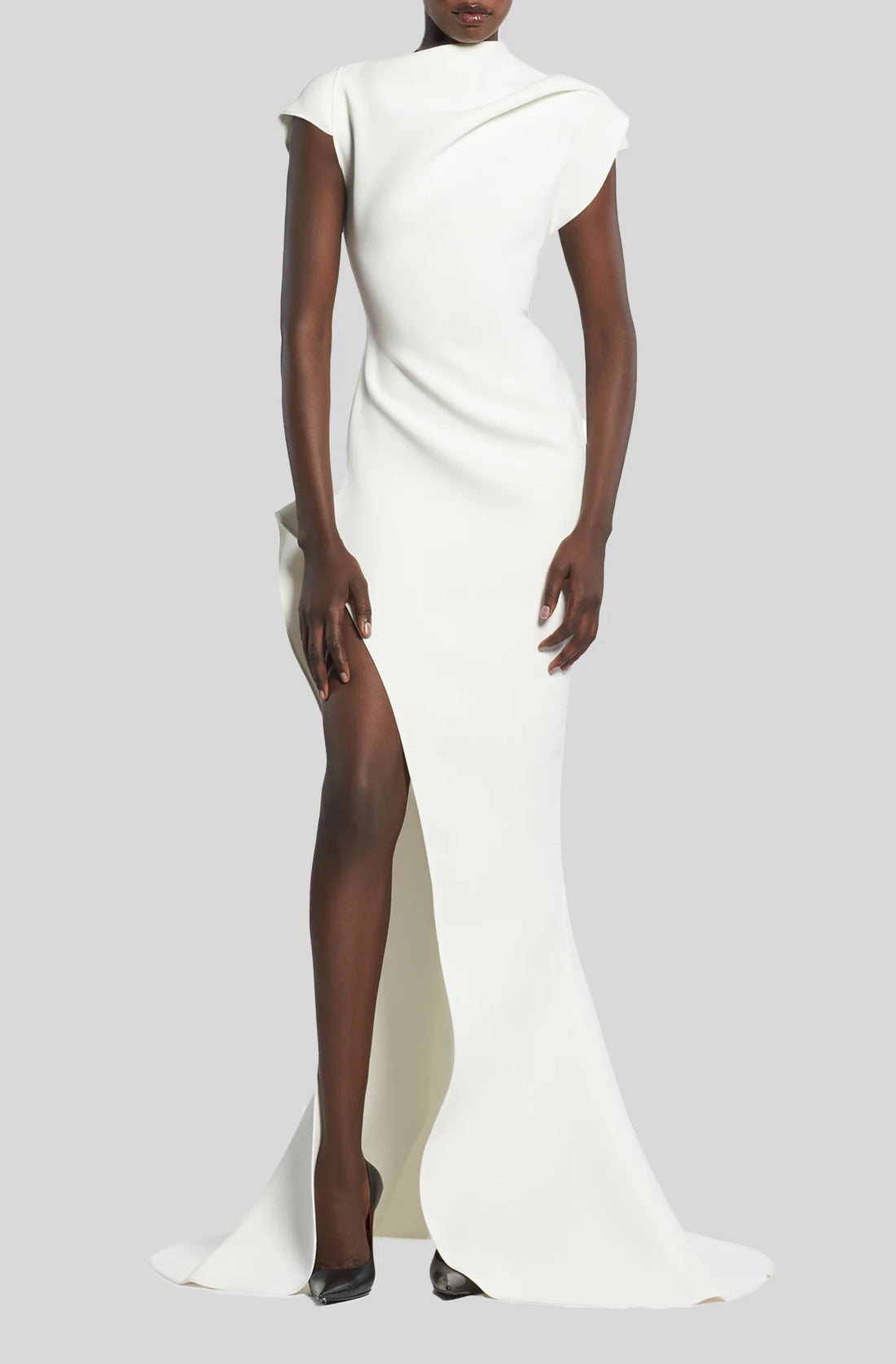 White cap-sleeve floor-length gown with high slit and draped neckline — Maticevski | Endless UAE
