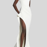 White cap-sleeve floor-length gown with high slit and draped neckline — Maticevski | Endless UAE