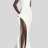 White cap-sleeve floor-length gown with high slit and draped neckline — Maticevski | Endless UAE
