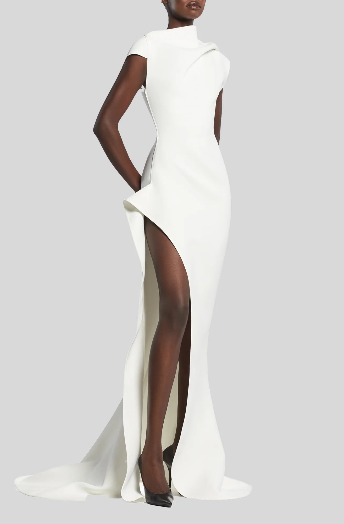 White cap-sleeve floor-length gown with high slit and draped neckline — Maticevski | Endless UAE