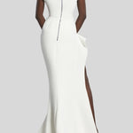 White cap-sleeve floor-length gown with high slit and draped neckline — Maticevski | Endless UAE