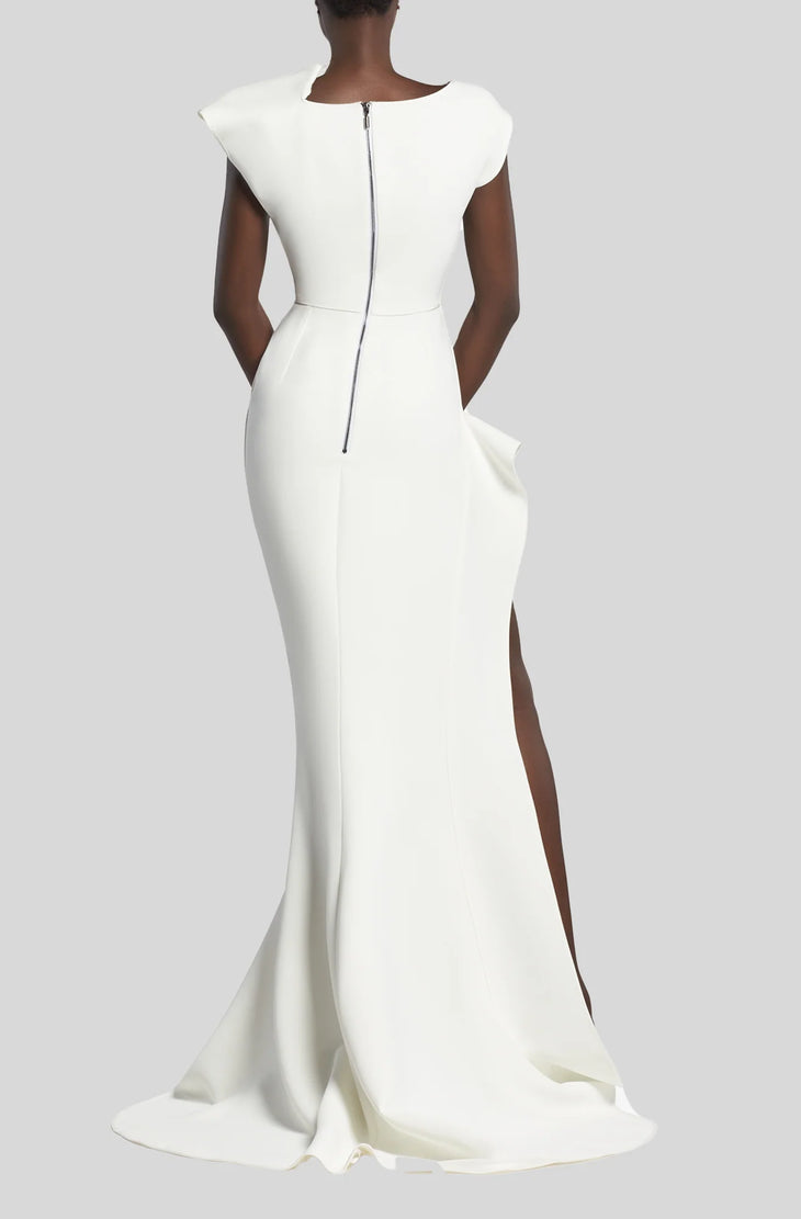 White cap-sleeve floor-length gown with high slit and draped neckline — Maticevski | Endless UAE