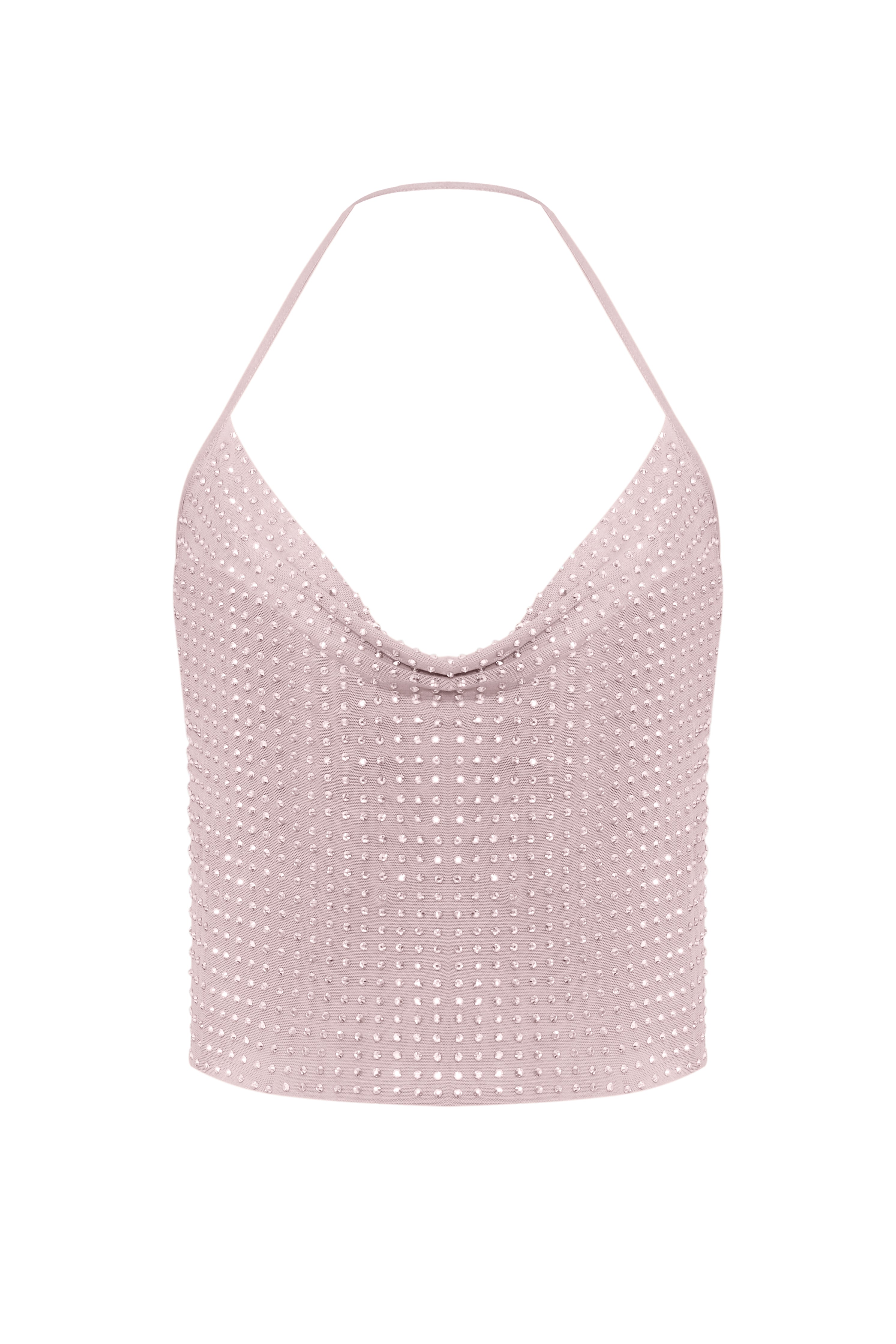 Blush crystal-embellished halter top with deep V-neckline — Nué | Endless UAE