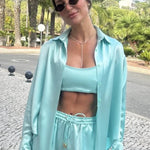 Turquoise tie-up shirt styled as crop top with matching shorts — By Keara | Endless UAE