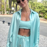 Turquoise tie-up shirt styled as crop top with matching shorts — By Keara | Endless UAE
