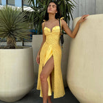 Yellow polka dot flowy slit midi dress with sweetheart neckline — Post Meridiem | Endless UAE
