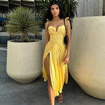 Yellow polka dot flowy slit midi dress with sweetheart neckline — Post Meridiem | Endless UAE