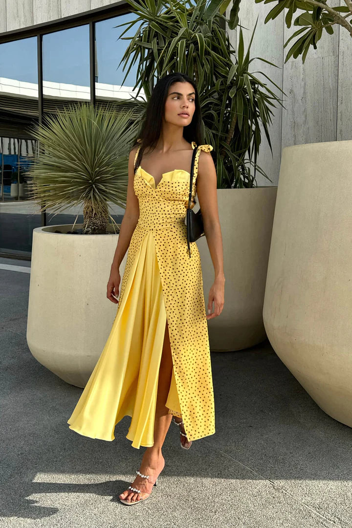 Yellow polka dot flowy slit midi dress with sweetheart neckline — Post Meridiem | Endless UAE